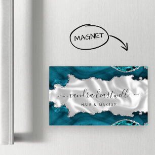 Tarjeta De Visita Magnética Ágata azul teal plateada brillo de lujo