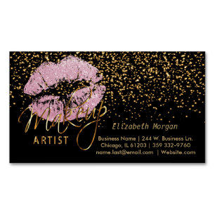 Tarjeta De Visita Magnética Artista de maquillaje con confeti del oro y labios