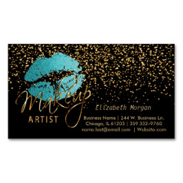 Tarjeta De Visita Magnética Artista de maquillaje con confetti de oro y labios