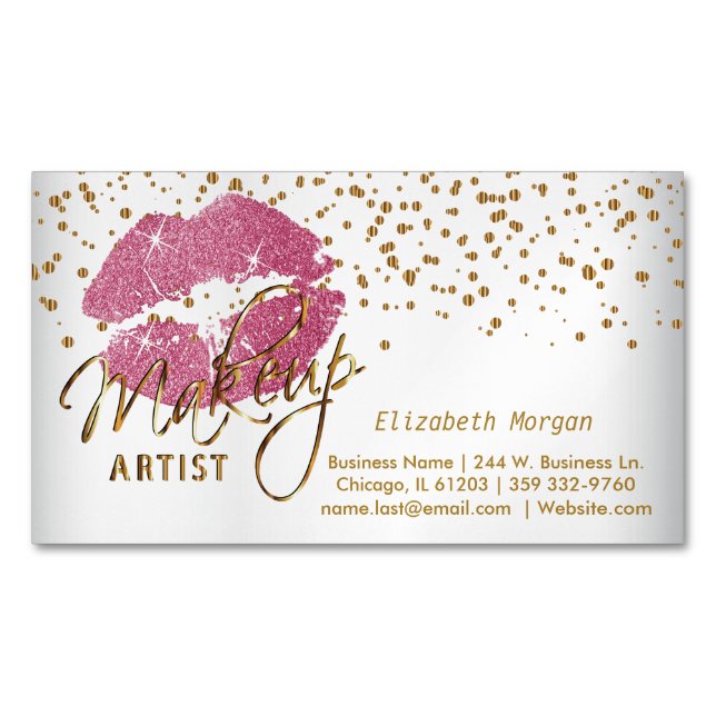 Tarjeta De Visita Magnética Artista de maquillaje - Confetti de oro y labios r (Anverso)