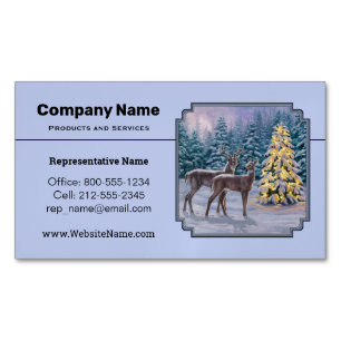 Tarjeta De Visita Magnética Azul invernal de ciervo y árbol de Navidad