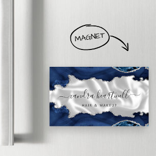 Tarjeta De Visita Magnética Azul Marino Ágata Plata Brillo Lujo