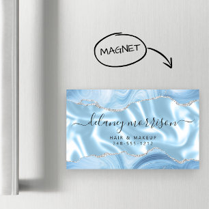 Tarjeta De Visita Magnética Azul Pastel Ágata Plata Brillo Lujo