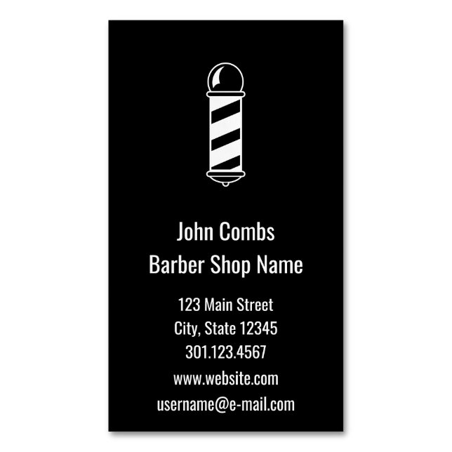 Tarjeta De Visita Magnética Barbería blanco y negro de encargo poste (Frente vertical)