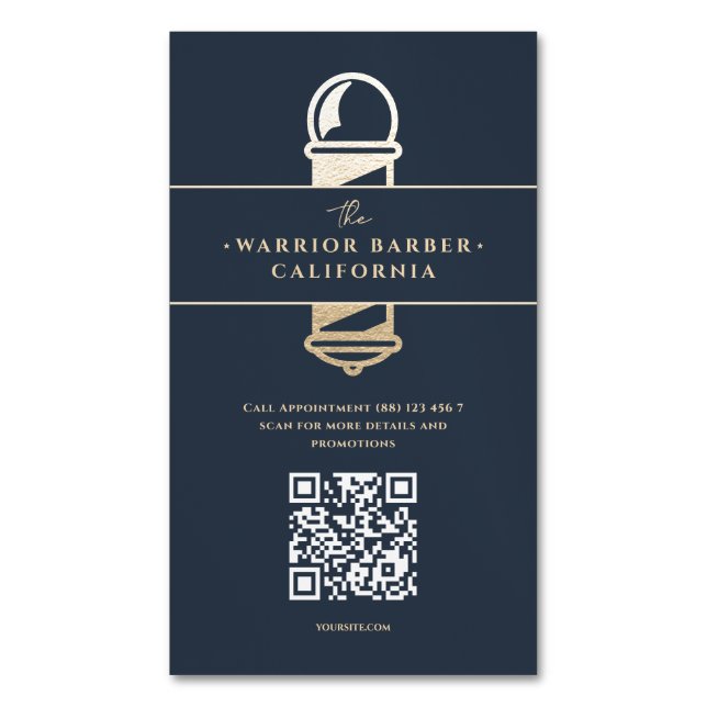 Tarjeta De Visita Magnética Barbería de Barbería Moderna, Barbería de Polo QR (Frente vertical)