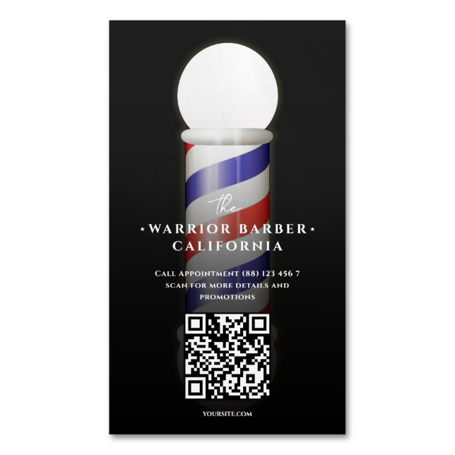 Tarjeta De Visita Magnética Barbería de polo de Barber moderna QR Barber (Frente vertical)