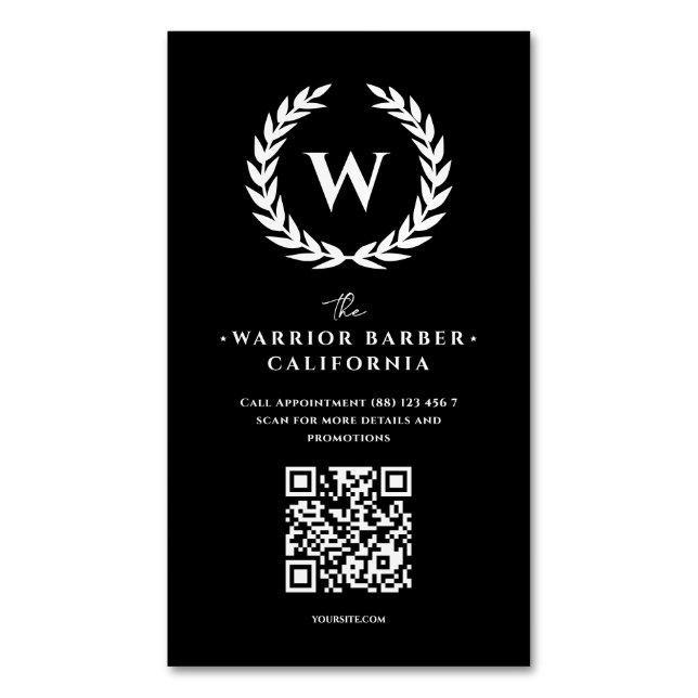 Tarjeta De Visita Magnética Barbershop moderno Monograma QR Barber profesional (Frente vertical)