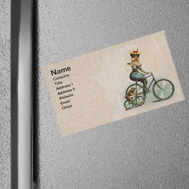 Tarjeta De Visita Magnética Bicicleta virgen Lady Dog (Victorian lady in aqua blue riding bicycle with bulldog on bicycle on tan magnetic business card.)