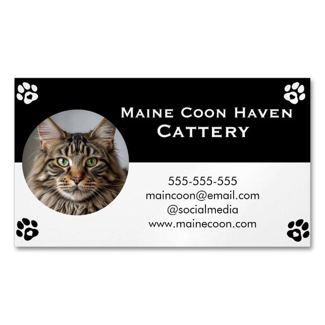 Tarjeta De Visita Magnética Black and White Maine Coon Customizable  (Anverso)