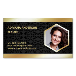 Tarjeta De Visita Magnética Black Damask Gold Foil Fotografía de bienes raíces