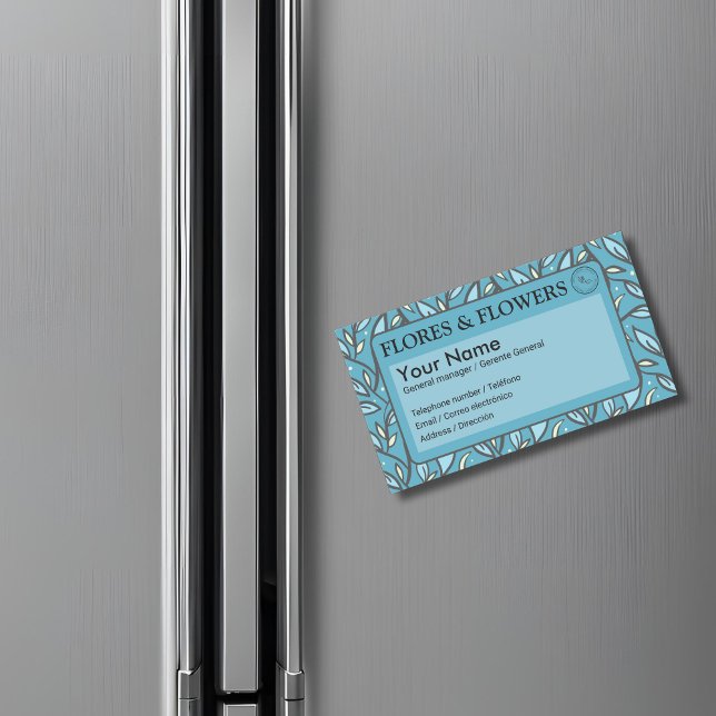 Tarjeta De Visita Magnética Blue Leaves Bilingual (Blue leaves business card Spanish, personalized text. tajetas comerciales magneticas multilingual)