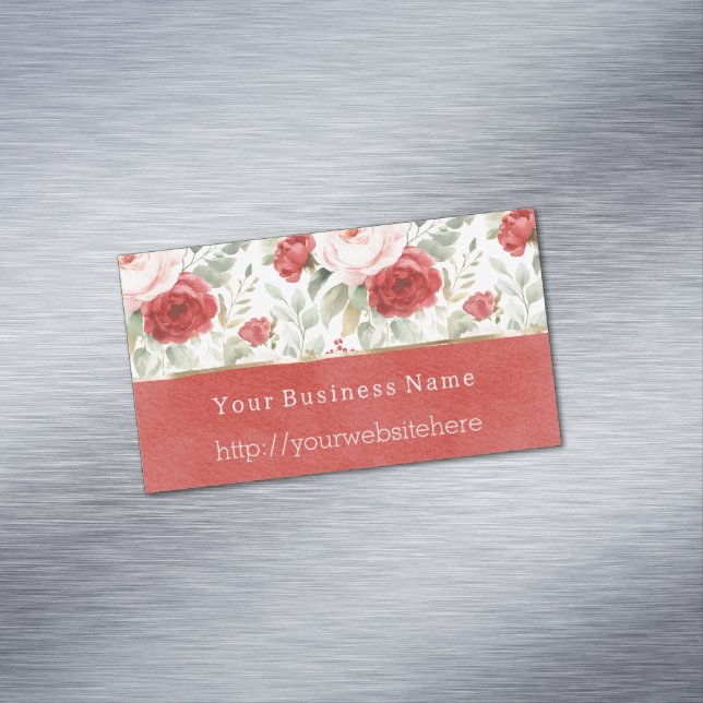 Tarjeta De Visita Magnética Blush Pink Red Floral Business name website (In Situ)