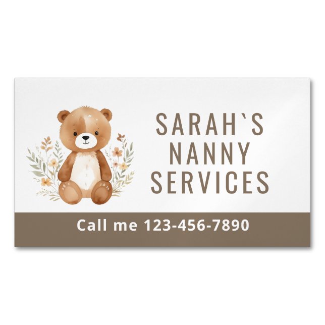 Tarjeta De Visita Magnética Boho Bear Nanny Babysitter Guardería infantil (Anverso)
