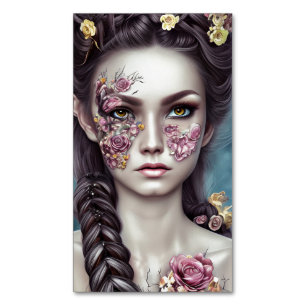 Tarjeta De Visita Magnética Boho Retro Fantasy Chica con flores