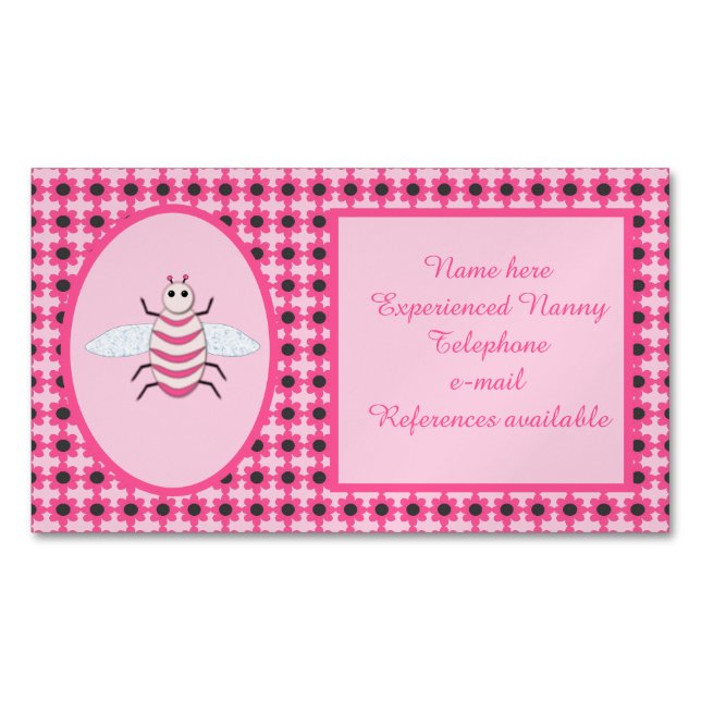 Tarjeta De Visita Magnética Bonito Bebé Rosa Bee Personalizado Nanny (Anverso)