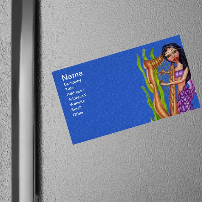 Tarjeta De Visita Magnética Bonito Oscuro Haired Purple Mermaid Harp Ocean (Mermaid purple tail green seaweed playing harp on dark blue magnetic business cards.)