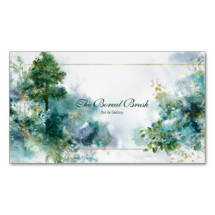 Tarjeta De Visita Magnética Bosque Teal Etéreo Brillo Dorado