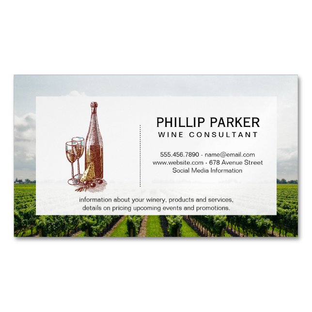 Tarjeta De Visita Magnética Botella de vino de época y gafas | Viñedo (Anverso)