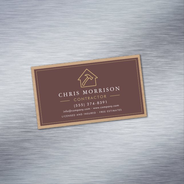 Tarjeta De Visita Magnética Building Construction Burgundy Gold Wood QR Code (In Situ)