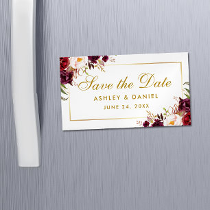 Tarjeta De Visita Magnética Burgundy Floral Gold Ahorra La Fecha Mini Magnet