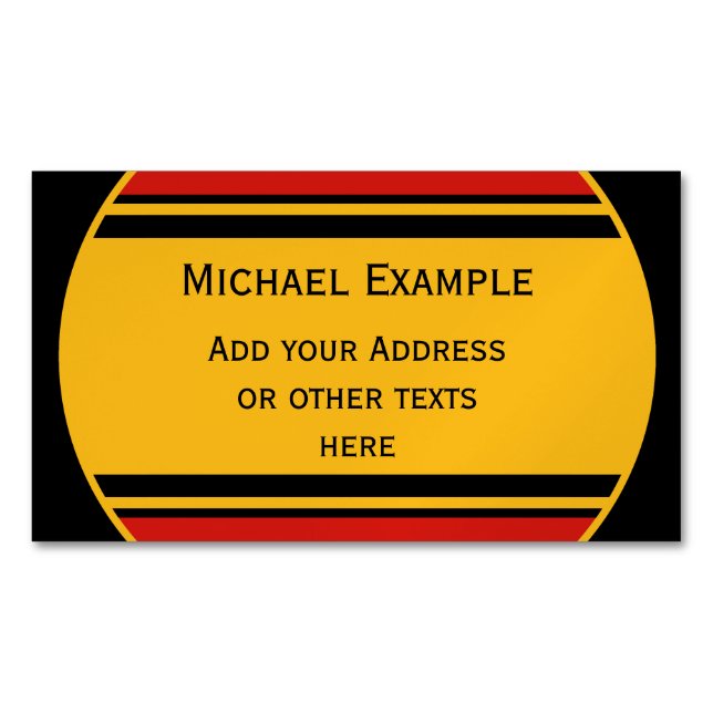 Tarjeta De Visita Magnética BUTTON ROUND strips rojo negro amarillo + tu texto (Anverso)