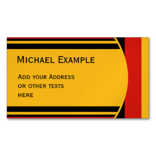 Tarjeta De Visita Magnética BUTTON ROUND strips rojo negro amarillo + tu texto