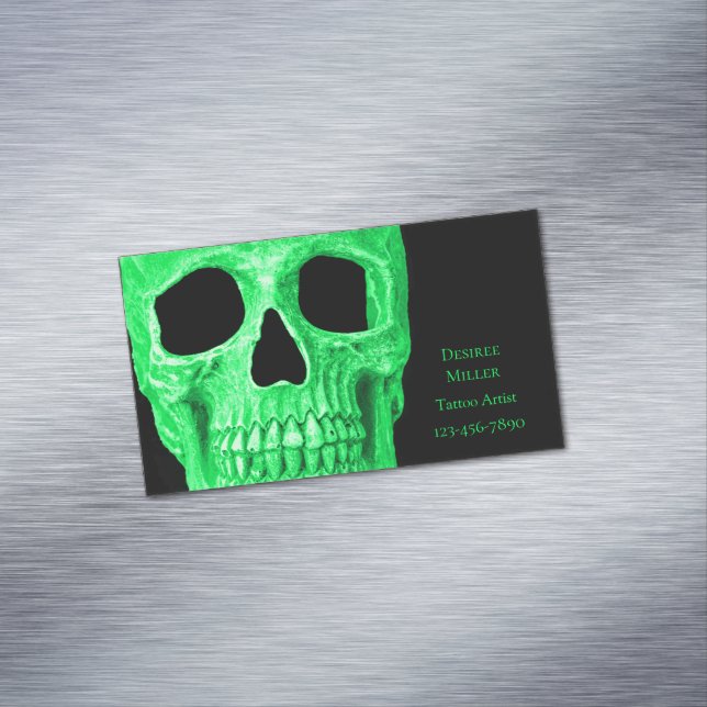 Tarjeta De Visita Magnética Cabeza de cráneo gótica Green Neon Black Tattoo Sh (In Situ)