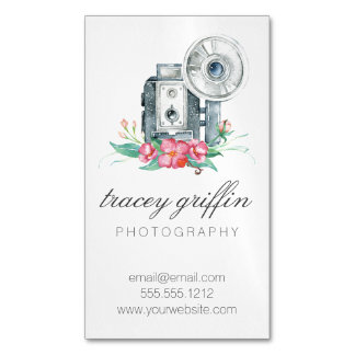 Tarjeta De Visita Magnética Cámara y flores de color de agua vintage