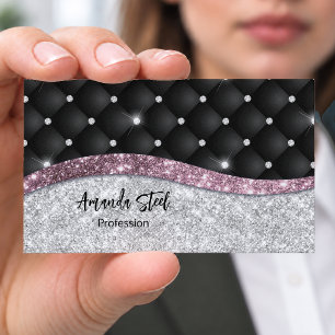 Tarjeta De Visita Magnética Chic femenino monograma rosa negro brillo plateado