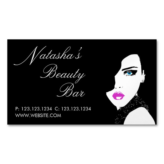 Tarjeta De Visita Magnética Chica de moda Bar de belleza rosa negro (Anverso)