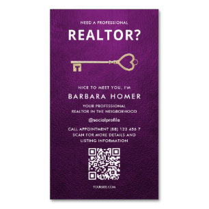 Tarjeta De Visita Magnética Cita moderna de Realtor en línea QR Purple