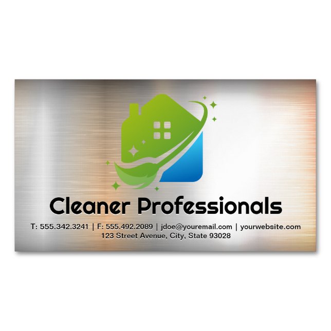 Tarjeta De Visita Magnética Cleaning Services House Logo | Metal Background (Anverso)