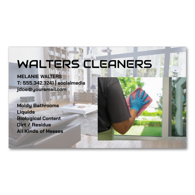 Tarjeta De Visita Magnética Cleaning Services Logo | Maid Washing Window (Anverso)