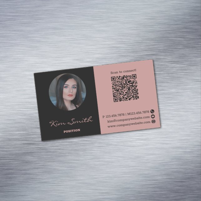 Tarjeta De Visita Magnética Código QR de foto de perfil rosa y negro (In Situ)
