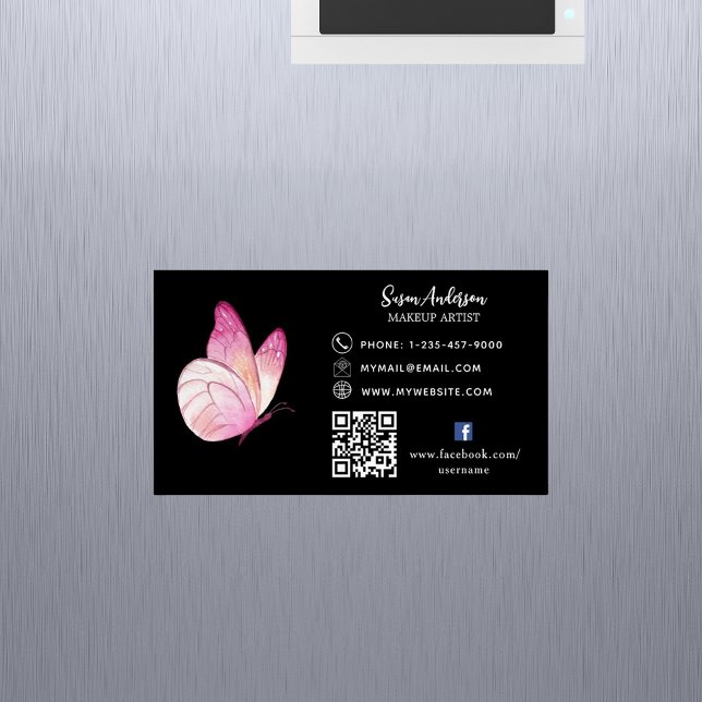 Tarjeta De Visita Magnética Código QR de mariposa de melocotón rosa negro en F (Subido por el creador)