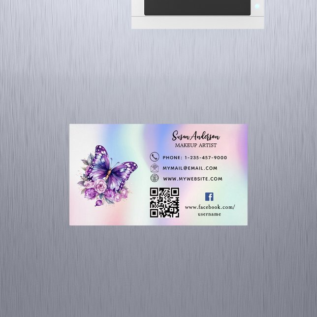 Tarjeta De Visita Magnética Código QR de mariposa púrpura holográfica Facebook (Subido por el creador)