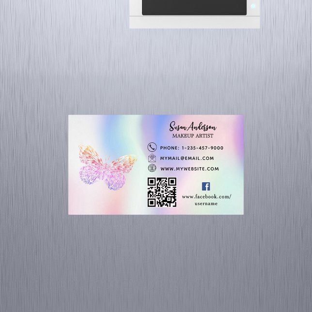 Tarjeta De Visita Magnética Código QR de mariposa rosa holográfica Facebook (Subido por el creador)