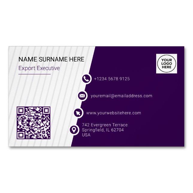 Tarjeta De Visita Magnética Código QR Formal Morado (Anverso)