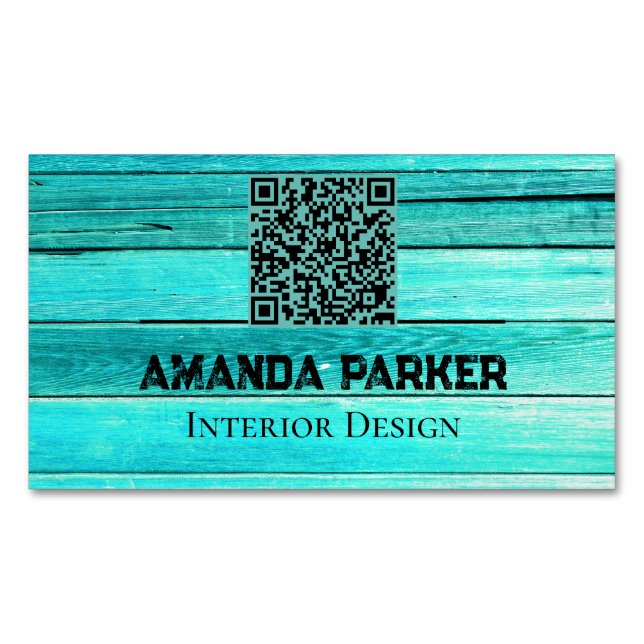 Tarjeta De Visita Magnética Código QR moderno de madera verde azulada (Anverso)