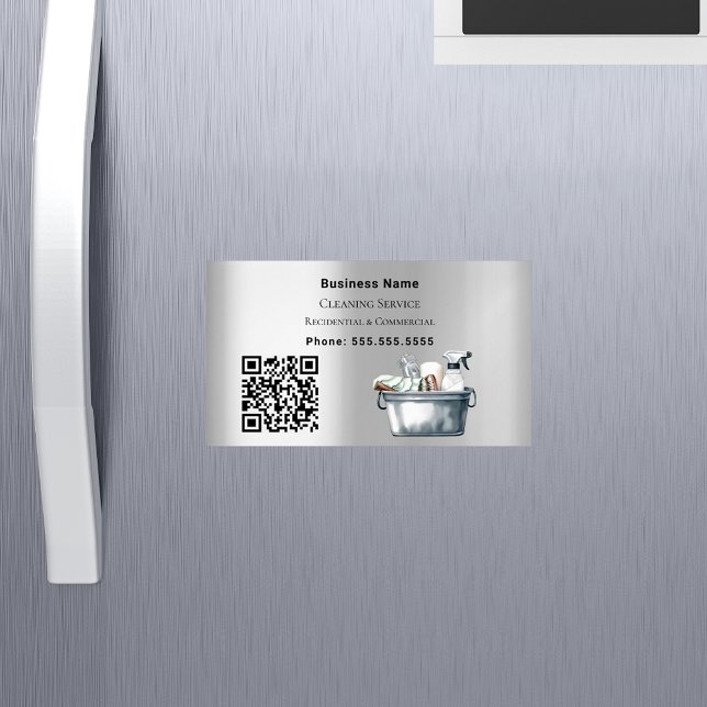 Tarjeta De Visita Magnética Código QR plateado del servicio de limpieza (Subido por el creador)
