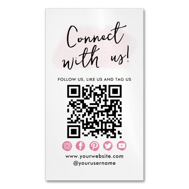 Tarjeta De Visita Magnética Conectarse Con Los Medios Sociales Rosados QR Códi (Frente vertical)