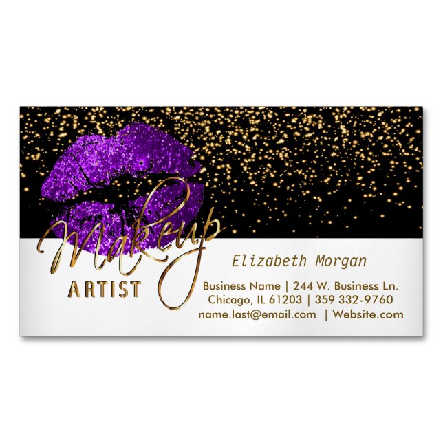 Tarjeta De Visita Magnética Confetti de oro y labios púrpura - Artista de maqu (Anverso)