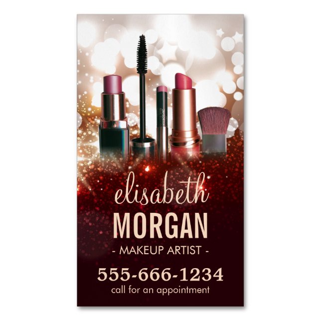 Tarjeta De Visita Magnética Cosmetólogo de maquillaje Purpurina brillante Spar (Frente vertical)