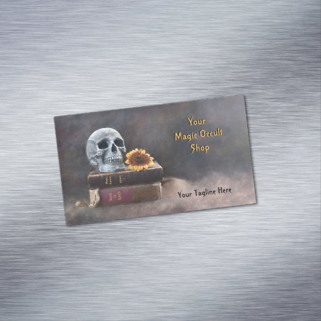Tarjeta De Visita Magnética Cráneo gótico Vintage Books Yellow Sunflower Magic (In Situ)