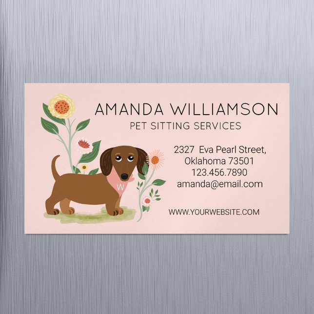 Tarjeta De Visita Magnética Cute Floral Dachshund Dog Cuidado de Mascotas (Cute Floral Dachshund Dog Pet Care Services Business Card Magnet)