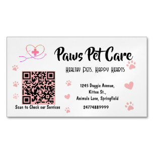 Tarjeta De Visita Magnética Cute Pink Paws Pet Care Pet Shop Logo Nombre Códig
