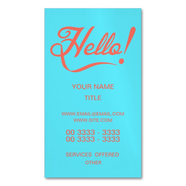 Tarjeta De Visita Magnética Cyan suave y Hello Bitterdulce (Frente vertical)