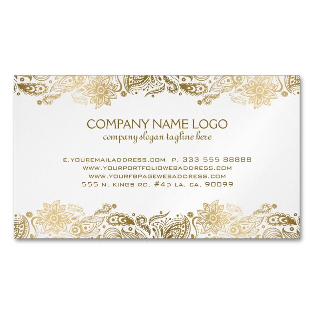 Tarjeta De Visita Magnética Damas blancos Gold Paisley Lace (Anverso)