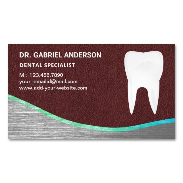 Tarjeta De Visita Magnética Dentista dentario dental de cuero marrón (Anverso)