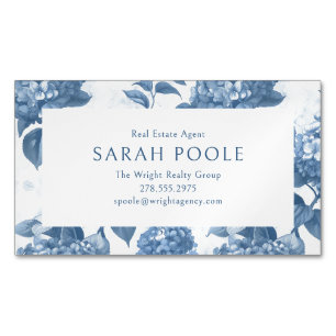 Tarjeta De Visita Magnética Dusty Blue Hydrangea Elegante Agente Inmobiliario